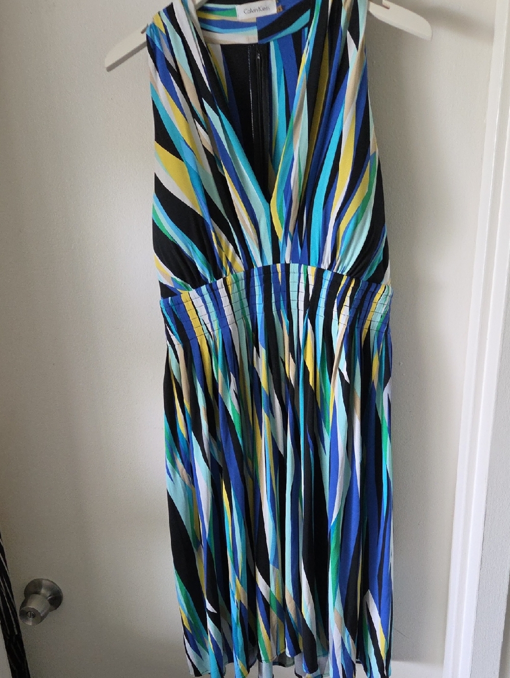 Calvin Klein Blue, Teal & Yellow Striped V-Neck Midi Dress